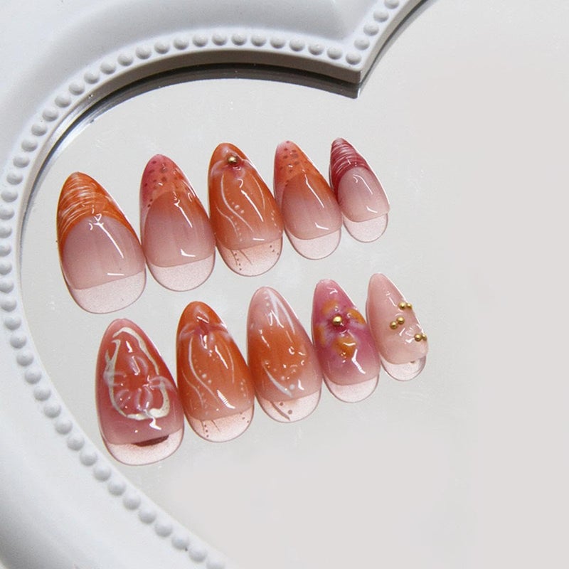 Sevgob Handmade Press on Nails Medium Almond Fake Nails with 3D Flower Design Water Ripple Glue on Nails Glossy Fall Nail Reusable Summer False Nail for Women Girls Manicure 24pcs - Image 3
